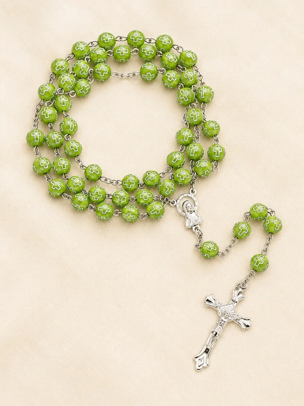 Catholic Lime Green Beaded Rosary Silver Crucifix Mary Cross Prayer Beads